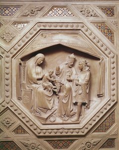Maagien palvonta, yksityiskohta tabernaakkelin pohjasta, 1349-59 (marmori)